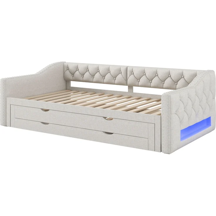 Gepolstertes Tagesbett 90x200 cm mit LED-Licht, Ausziehbett und 3 Schubladen, Beige – Bild 8