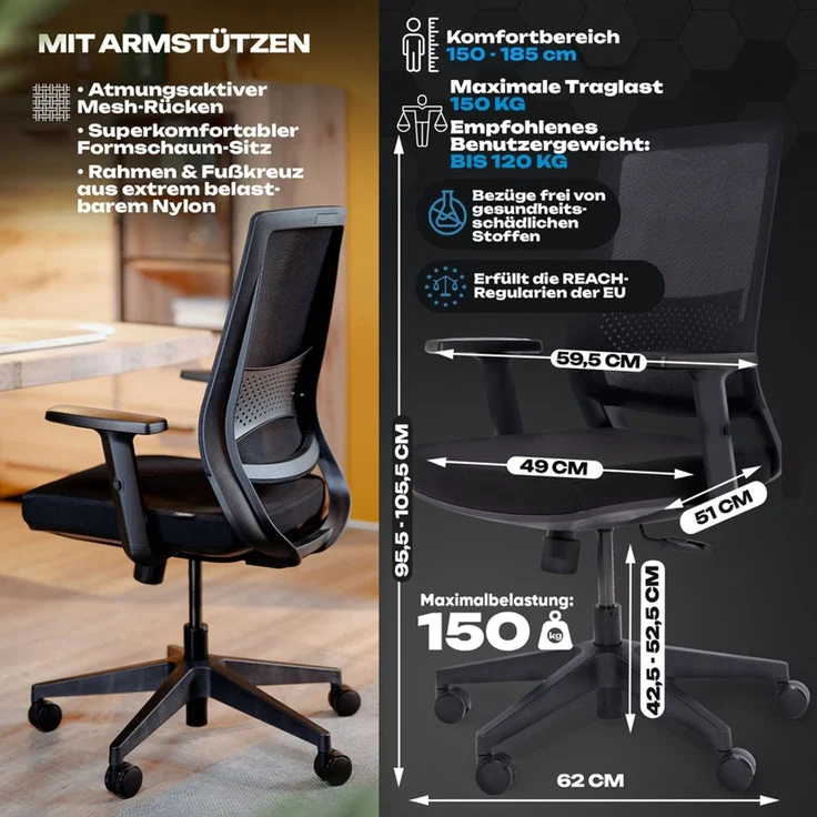 VALKENSTOL M2 Armstütze - Bürostuhl Ergonomisch Testsieger - 5 Jahre Garantie - Schreibtischstuhl ohne Kopfstütze - Computerstuhl – Bild 5