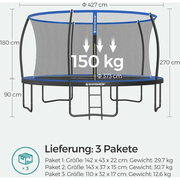 Songmics Trampolin mit Leiter, Sicherheitsnetz und gepolsterten Stangen, Stahl blau, Ø 427 cm – Bild 8