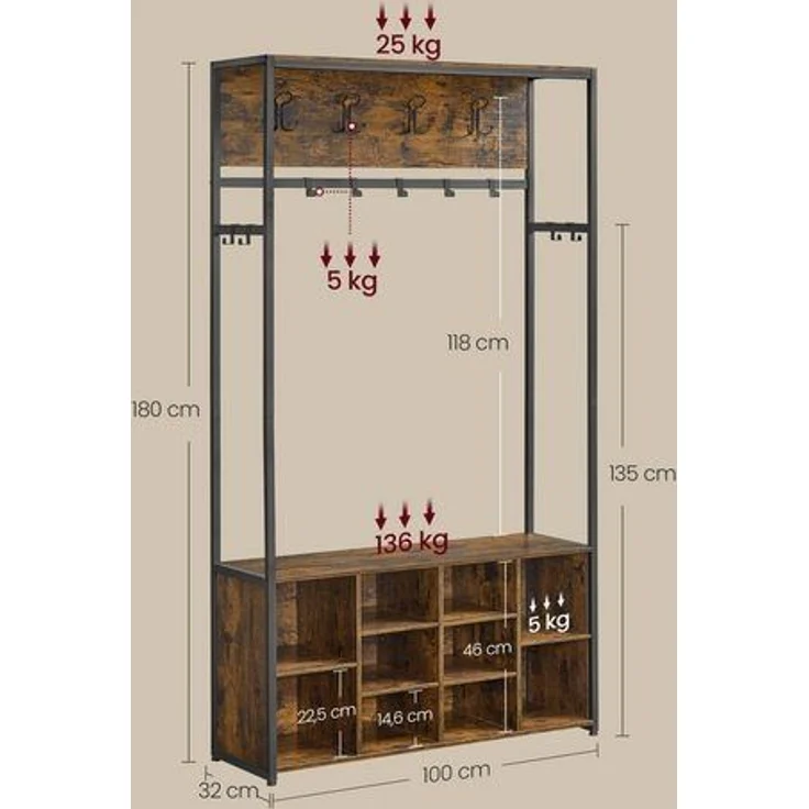 VASAGLE Kleiderständer, mit Schuhregal, Kleiderhaken, verstellbare Ablagen, Holzspanplatte, Stahl, vintagebraun-tintenschwarz, 32 x 100 x 180 cm – Bild 5