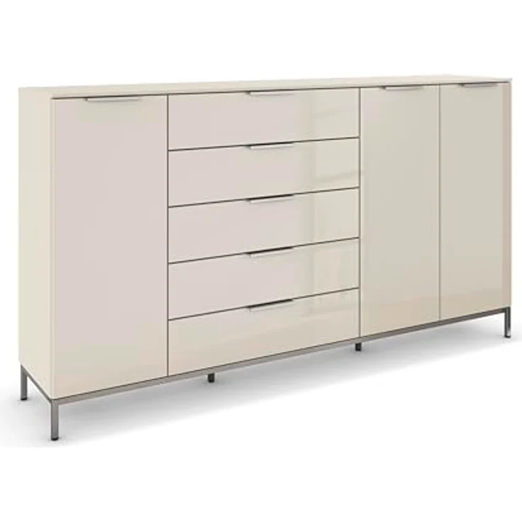 Rauch Möbel Flipp, Nachttisch für Schlafzimmer, Kinderzimmer, Wohnzimmer, Flur, Garderobe, 3-türig, 5 Schubladen, mit Softclose-Funktion, Griffe und Metallkufe Chrom, Farbe Glas Beige, Breite 199 cm – Bild 2