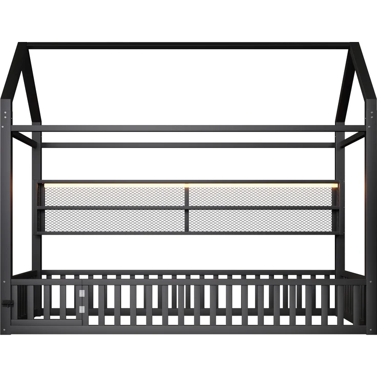 Hausbett mit LED-Beleuchtung, Tür und Regal, 90x200cm, Kinderbett ohne Lattenrost, Einzelbett, Metallbett – Bild 7