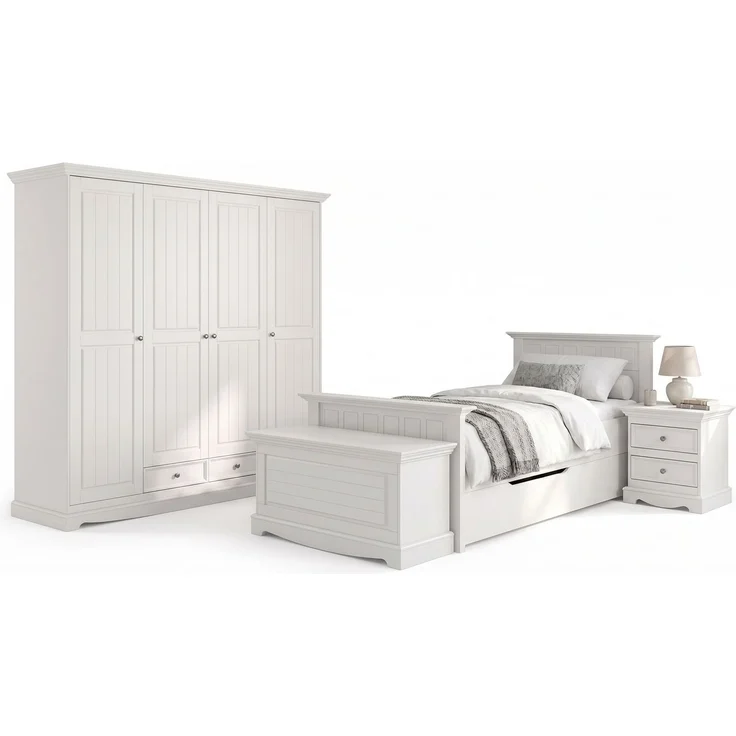 Schlafzimmer-Set Belluno Elegante 5-teilig 90x200cm Massivholz Ausführung weiß Kiefer weiß lackiert