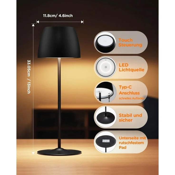 Tomons LED Außen-Tischleuchte dimmbare kabellose Touch-Tischlampe, wiederaufladbar, 3000-6500K, 4 RGB-Modi, IP54 – Bild 4