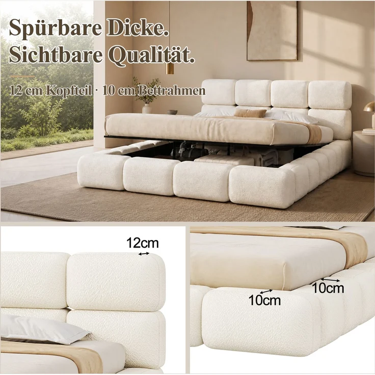 Polsterbett, Doppelbett, 200 x 200 cm, hydraulisch verstellbares Bett, Wolkenbett, Stauraumbett, Bubble-Design, mit Lattenrost, Kopfteil und großem Stauraum, gepolstertes Kopfteil, weißer Schlingenveloursstoff. – Bild 7
