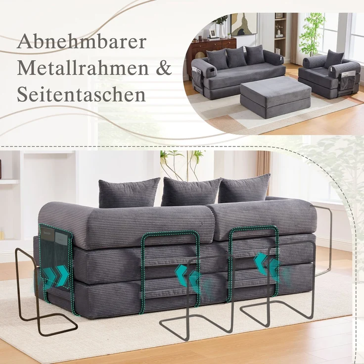 ZUBALIYA Ecksofa 94x67 cm, mit Ablageflächen, mit Cordbezug, mit breiten Armlehnen, modular aufgebaut, mit Schaumstoffpolsterung – Bild 7