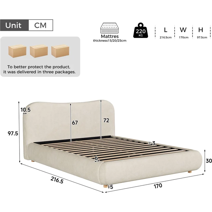 Polsterbett mit Bettkasten, Liegefläche 160×200 cm, hydraulisch, Chenille in Beige, ohne Matratze – Bild 5