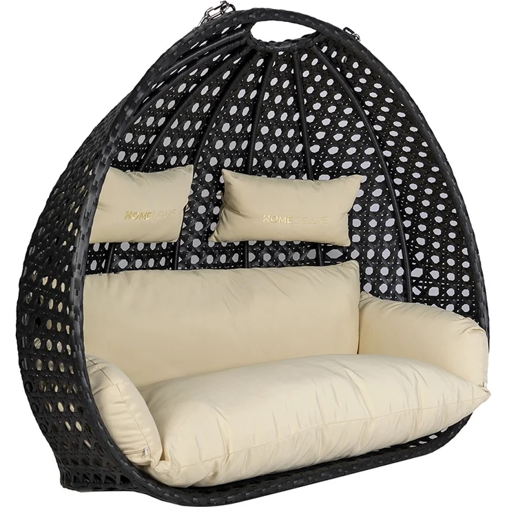 HOME DELUXE Polyrattan Hängesessel mit Regenabdeckung TWIN DELUXE - Schwarz/Creme für 2 Personen – Bild 3