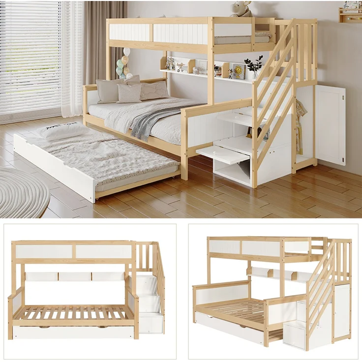 Merax 90x200&120*200cm Etagenbett, Kinderbett, mit Fallschutz und Gitter, Entworfen mit drei Bettpositionen, mit Rollbett, mit Kleiderschrank, Ecktreppe, Kiefer+MDF, Weiß+Natur – Bild 7