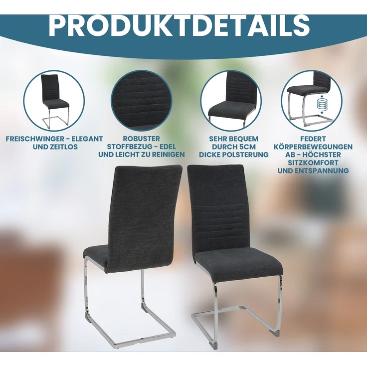 Freischwinger Stühle 4er Set LUGANO, Grau - Esszimmerstuhl Schwingstuhl mit modernem Design, Stoff-Bezug, dicke Polsterung - Küchenstuhl, Polsterstuhl, Stuhl Esszimmer oder Esstisch Stuhl – Bild 2