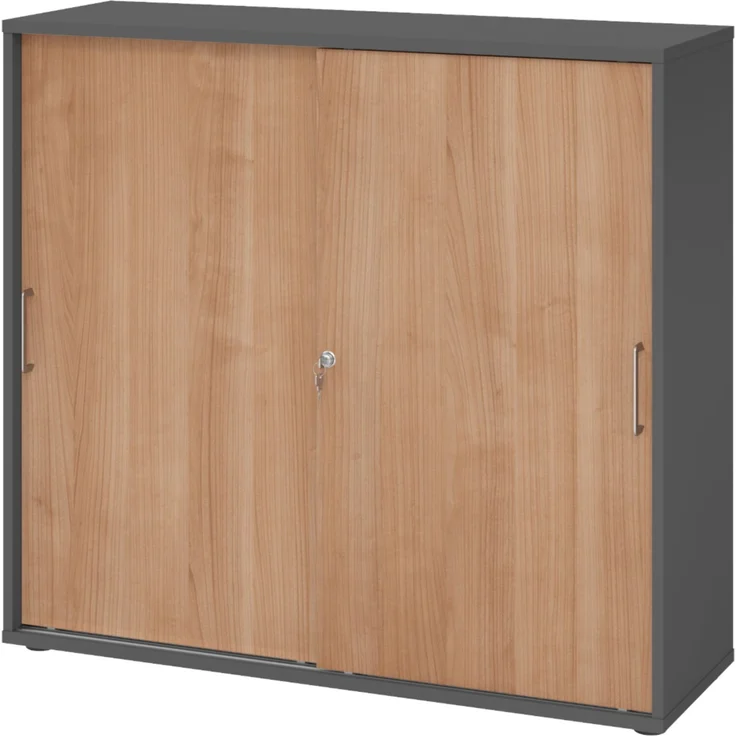 bümö Schiebetürenschrank 3OH - Aktenschrank abschließbar, Sideboard Schrank mit Schiebetüren in Graphit/Nussbaum, Bügelgriff - Büroschrank aus Holz mit Schiebetür, Büro Kommode für Ordner & Co, 1753S-G-N-BS – Bild 1