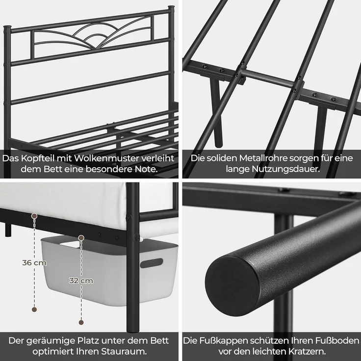 Yaheetech Metallbett mit Lattenrost, Wolkenmuster, Schwarz, 140x200 cm – Bild 8