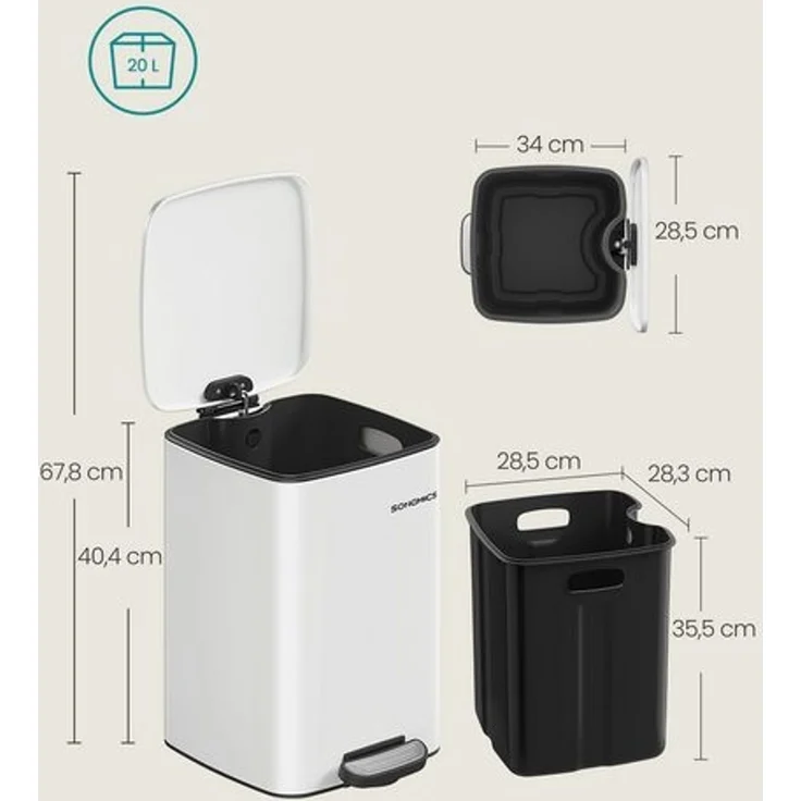 Songmics Mülleimer Küche, 20 Liter Abfalleimer, Tretmülleimer, Stahl, mit Inneneimer, Softclose, Offenhaltefunktion, wolkenweiß LTBDE592W02 – Bild 5