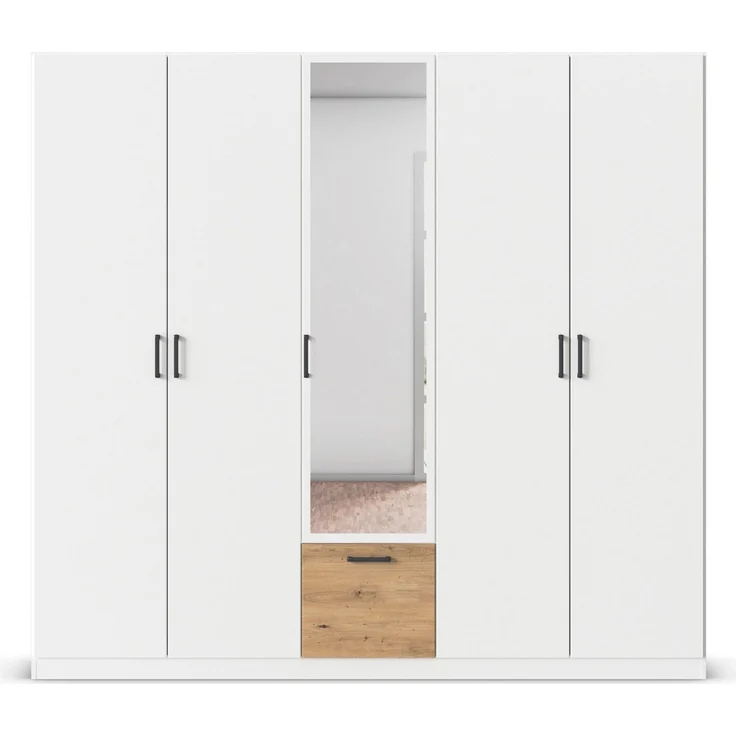 Rauch Möbel Bari, Drehtürenschrank, 5-türig, Kleiderschrank Weiß/Eiche Artisan, 1 Schublade, mit Spiegel, 226 x 210 x 54 cm – Bild 3