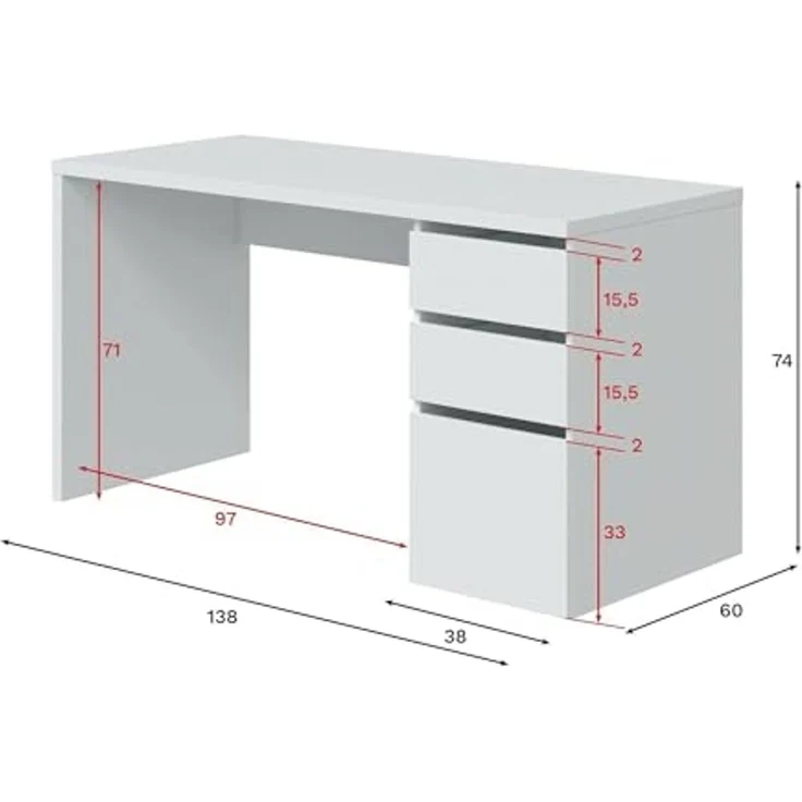 Dmora - Schreibtisch Reedsport, Wendeschreibtisch mit 3 Schubladen, platzsparender Bürotisch mit Mehreren Positionen, 138 x 60 x 74 cm, Weiß – Bild 2