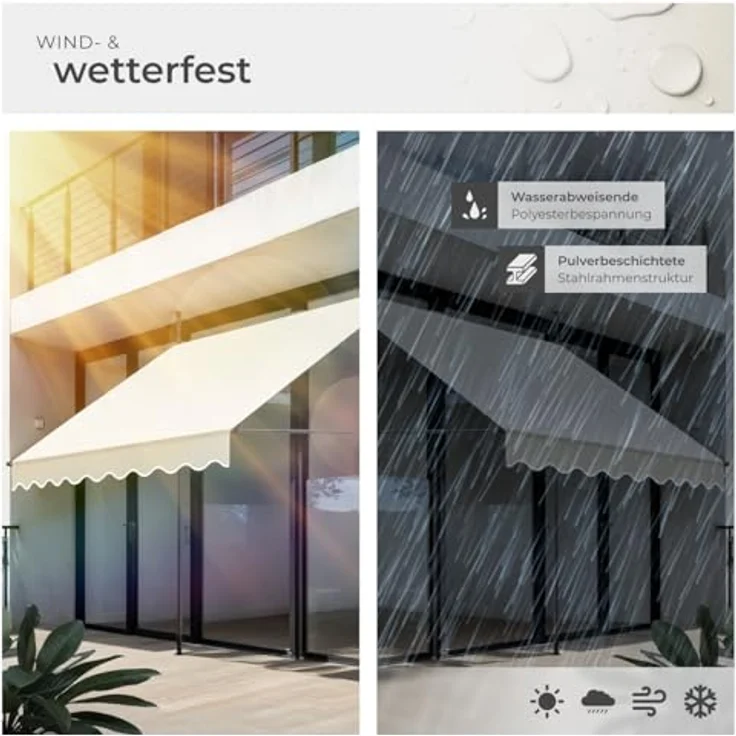 tectake® Klemmmarkise mit Handkurbel, Balkon Markise ohne Bohren, Markise höhenverstellbar, UV-beständig, wasserabweisend, Terrassenüberdachung, Sonnenschutz Terrasse & Balkon, Breite 200 cm - beige – Bild 5