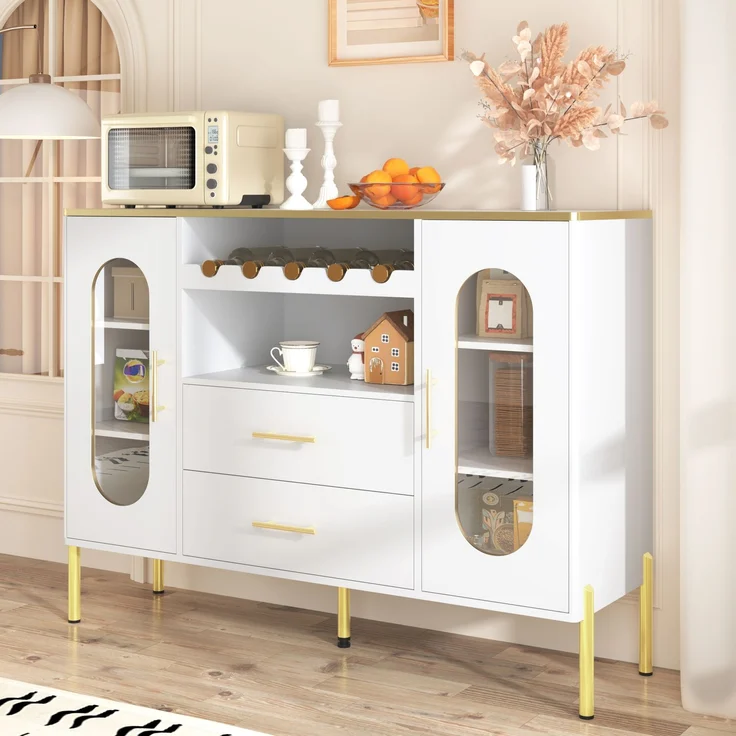 Merax Weißes Sideboard, Glasfronten & Weinregal – Sideboard für Esszimmer & Wohnzimmer – Verstellbarer Fuß – Viel Stauraum – Bild 6