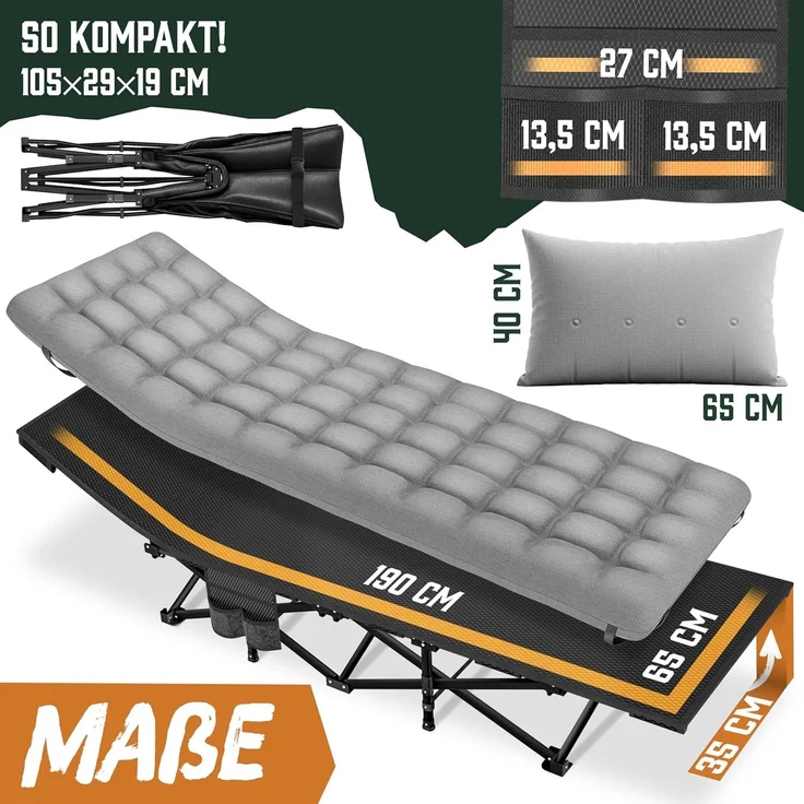 ELONEO Feldbett klappbar mit Premium Auflage, Campingliege bis 200kg belastbar, Grau – Bild 8
