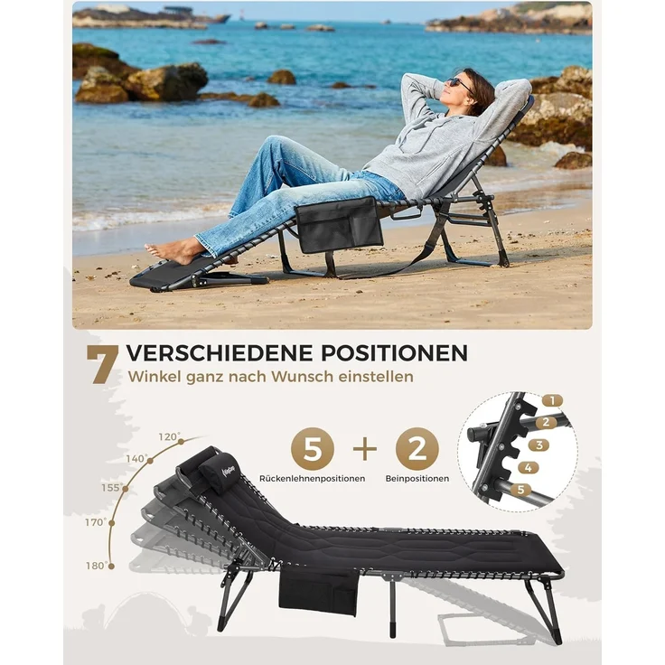 KingCamp Übergroße Sonnenliege Klappbar 5-Fach Verstellbar Gartenliege Liegestuhl Dreibeinliege Liege Campingliege mit Kopfkissen und Seitentasche bis 150 kg für Garten Urlaub Strand Pool 200x68 cm – Bild 5