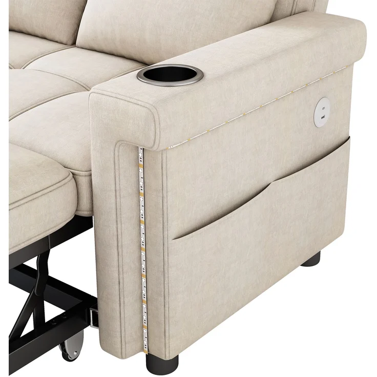 Merax 2-Sitzer Sofa, Schlafsofa mit Schlaffunktion, LED-Beleuchtung, USB/Type-C-Ladeanschluss, verstellbare Rückenlehne, Kissen, Getränkehalter, Seitentasche, Chenille Stoff, Beige – Bild 8