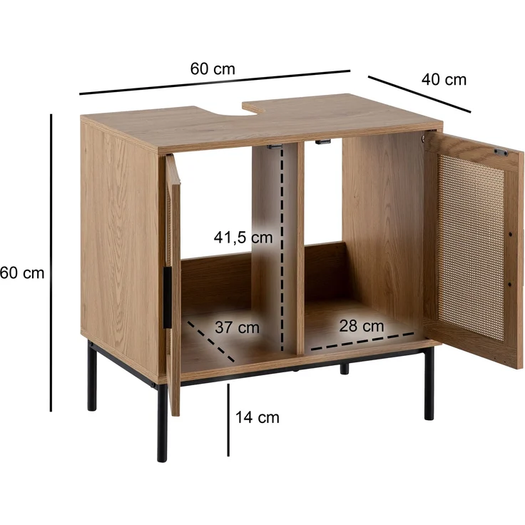 FINEBUY Waschbeckenunterschrank FB104642 (mit Türen, Rattan Eiche-Optik, 60x60x40 cm Modern) Unterschrank Waschbecken, Waschtisch Midischrank – Bild 3