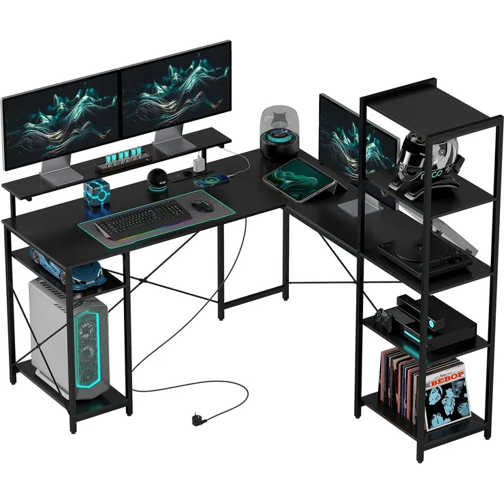 MELAYR, L-förmiger Schreibtisch mit Ladestation, 137 x 140 x 139.5 cm, Schwarz