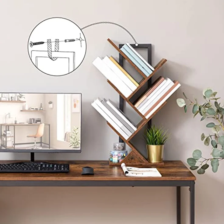 HOOBRO Bücherregal, Standregal mit 4 Ebenen, Holz DVD Regal, in Baumform, Metallgestell, für Wohnzimmer, Arbeitszimmer, Kinderzimmer, Vintagebraun EBF04SJ01G1 – Bild 6