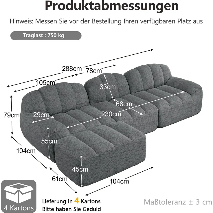 EINHOM 3-Sitzer L-förmiges Modulares Sofa mit 1 Ottoman, Boneless Sofa aus 32D Hochdichtschaum, tiefe Sitzfläche, ideal für Wohnzimmer, weicher Stoff, Grau – Bild 2
