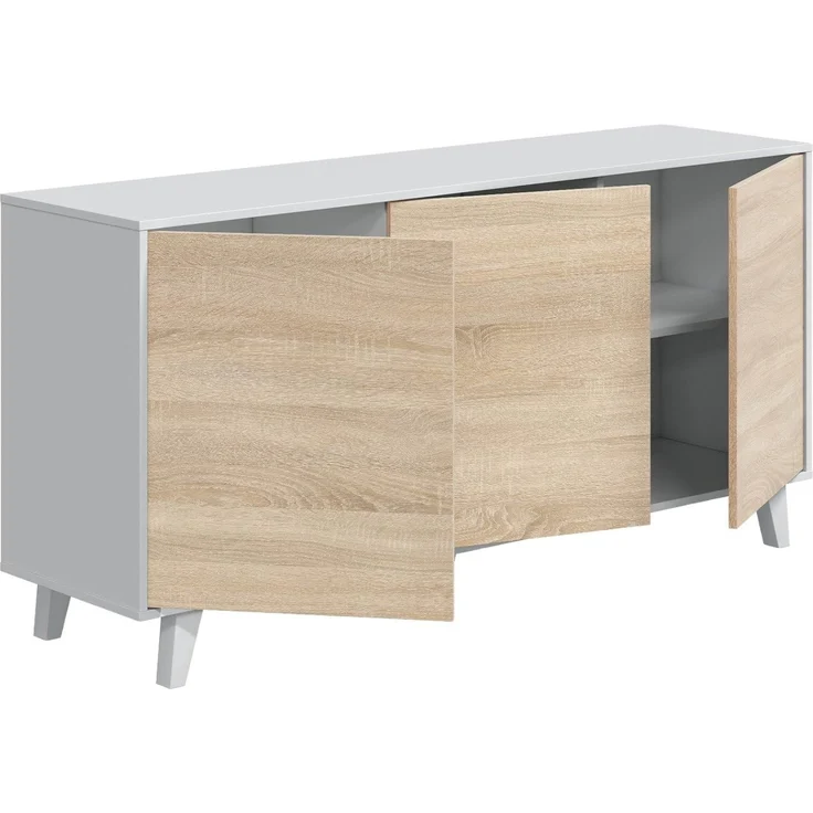 Dmora - Anrichte Arvada, Modernes Sideboard mit 3 Türen und Einlegeböden, Küchenbuffet, Wohnzimmer-Design-Buffet, 154x40h75 cm, Weiß und Eiche – Bild 9