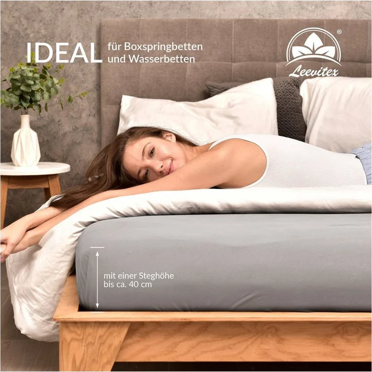 leevitex® Spannbettlaken Spannbettlaken Boxspringbett & Wasserbett Spannbettlaken 150 g/m², Gummizug: rundum, Mako-Baumwolle, ÖkoTex, 180x200 – 200x220 cm + 40 cm Steg – Bild 2