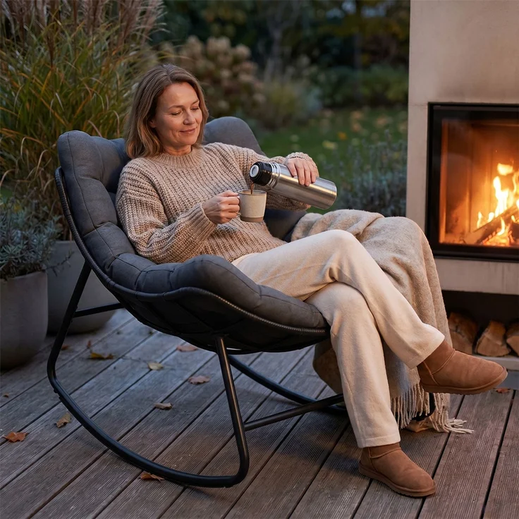 STEELSØN 'Veldora' Schaukelstuhl, schwarzes Polyrattan, Kissen anthrazit, ergonomischer Relaxsessel, bis 125kg, XXL Schaukelsessel 75×100×65 cm – Bild 10
