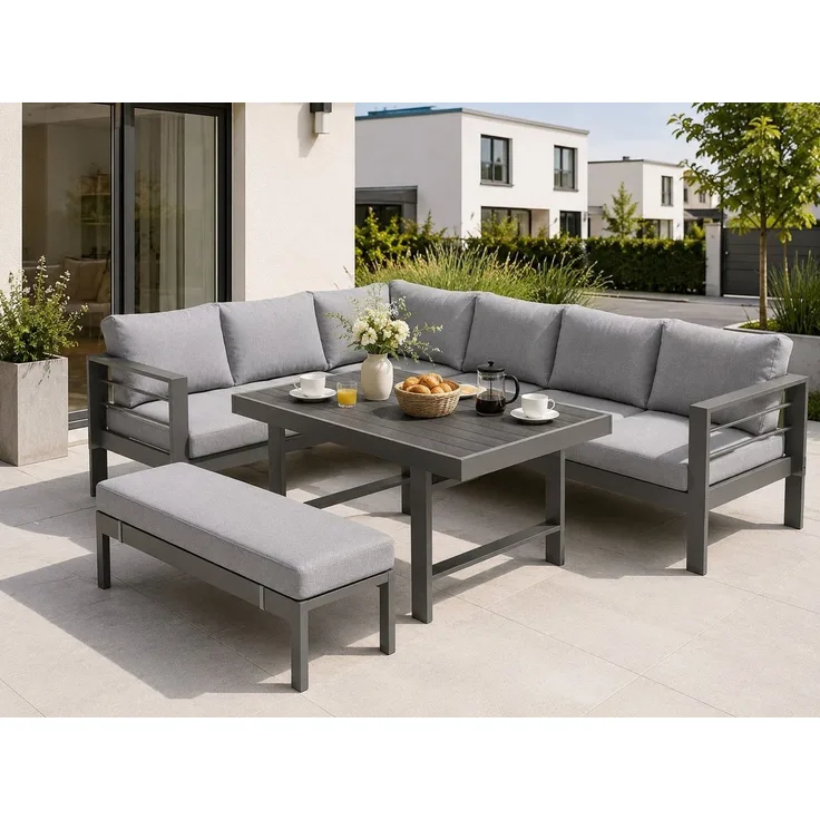MeXo Gartenlounge-Set XXL Lounge Gartenmöbelset aus Aluminium, wetterfest, (Ecksofa mit linker Ecke für 6-8 Personen, 5-tlg, 12/15 cm dicke Kissen, Terrassenmöbel Set mit hohem Tisch), pflegeleichte Polywood-Tischplatte, flexibel kombinierbar