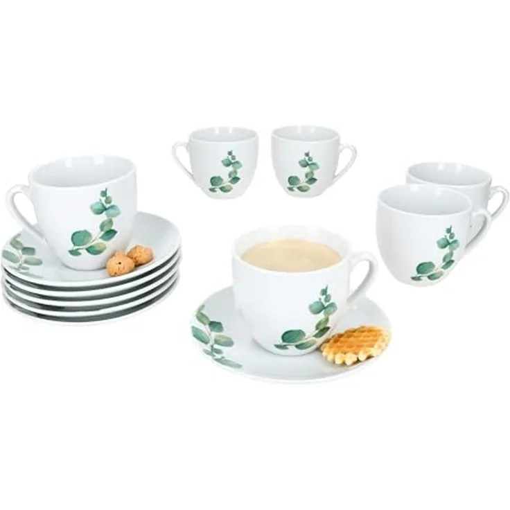 MamboCat Tasse 6er Set Eukalyptus Kaffeetassen mit Untertassen 6 Personen Porzellan, Porzellan