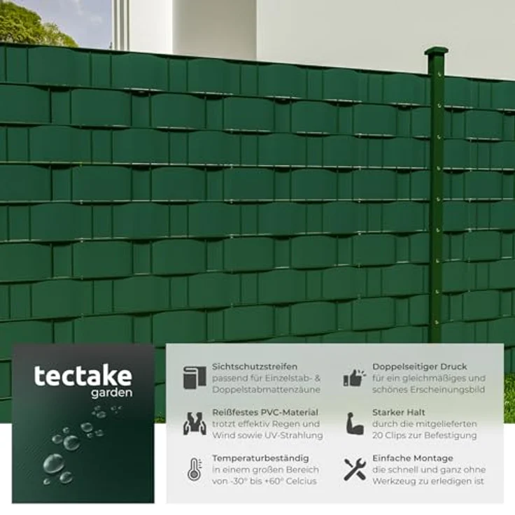 tectake® Sichtschutzfolie, Sichtschutzstreifen mit Befestigungsclips, Windschutz, Sonnenschutz, Sichtschutzmatte für Balkon, Garten, Terrasse, für Stabmattenzaun und Zaunelemente - 70 m, grün – Bild 3