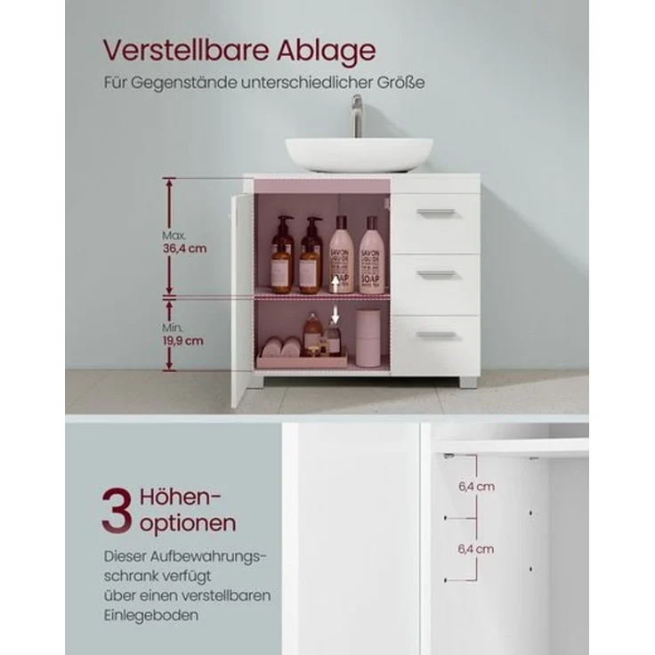 VASAGLE Badezimmerschrank, 30 x 60 x 64 cm, Waschbeckenunterschrank mit Füßen, weiß – Bild 3