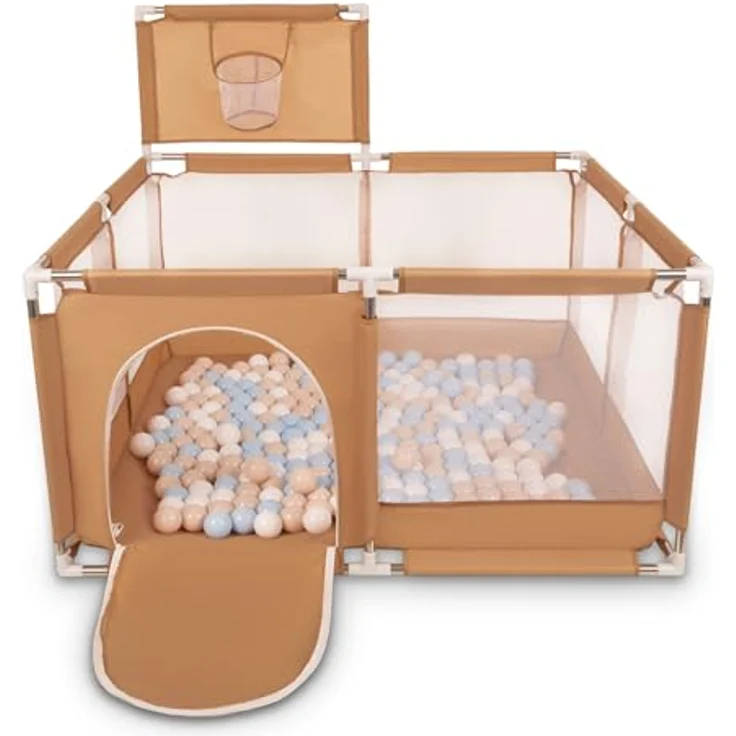 Selonis Laufstall Mit Korb Und 400 Bälle Laufgitter Für Kinder, Beige:Pastellbeige/Pastellblau/Weiß – Bild 2