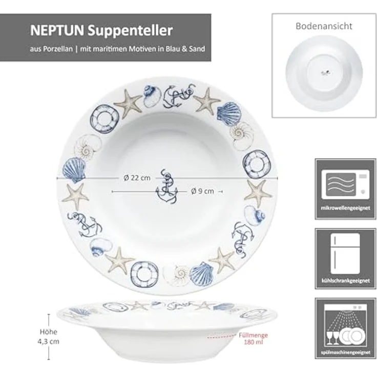 MamboCat Suppenteller 6x Neptun Suppenteller Porzellan tiefe Teller Pasta maritim Anker – Bild 6