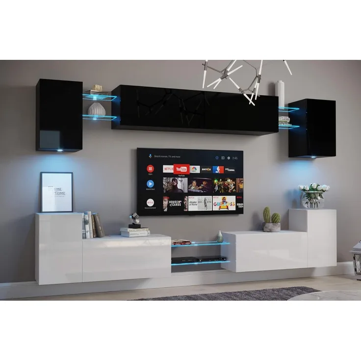 FURNITECH Nairobi C1 Möbel Wohnzimmer Schrankwand Wohnwand Wandschrank Mediawand mit Led Beleuchtung (D40-HG-WB3, LED weiß)