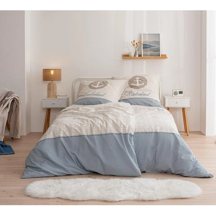 MTOnlinehandel Bettwäsche Küstenkind Anker, 100% Baumwolle, ideal als Partnerbettwäsche, Renforcé, 2 teilig, maritime Anker Bettwäsche gestreift – Bild 4