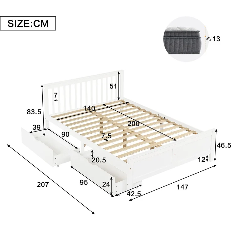 CHICFURN Doppelbett aus Kiefernholz und MDF Weiß 140x200 cm mit 2 Schubladen – Bild 10
