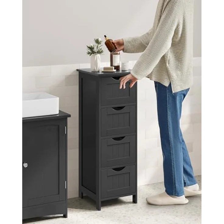VASAGLE Badezimmerschrank, Badschrank, Beistellschrank mit 4 Schubladen, 30 x 30 x 82 cm, für Badezimmer, Wohnzimmer, Esszimmer, Küche, modern, tintenschwarz LHC040B01 – Bild 3