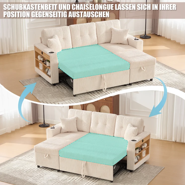 LVHOM Schlafsofa mit LED & USB, Ecksofa mit Ablagefächern, Schublade und Becherhaltern, Schlafcouch aus Cordstoff, frei Kombination, 196x144x85 cm – Bild 4