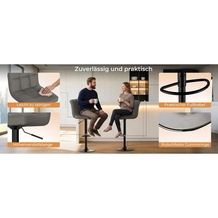 Botifly 2er Set Barhocker Grau Kunstleder, Höhenverstellbar 60-80cm, 360° Drehbare Barstühle mit Fußstütze, SGS-zertifizierte Gasdruckfeder, für Küche, Bar & Theke – Bild 10