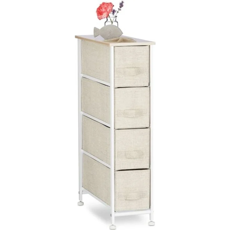 Relaxdays Regalsystem, 4 Schubladen, Metall & Holz weiß / Stoff beige, 76 x 48 x 20 cm – Bild 1