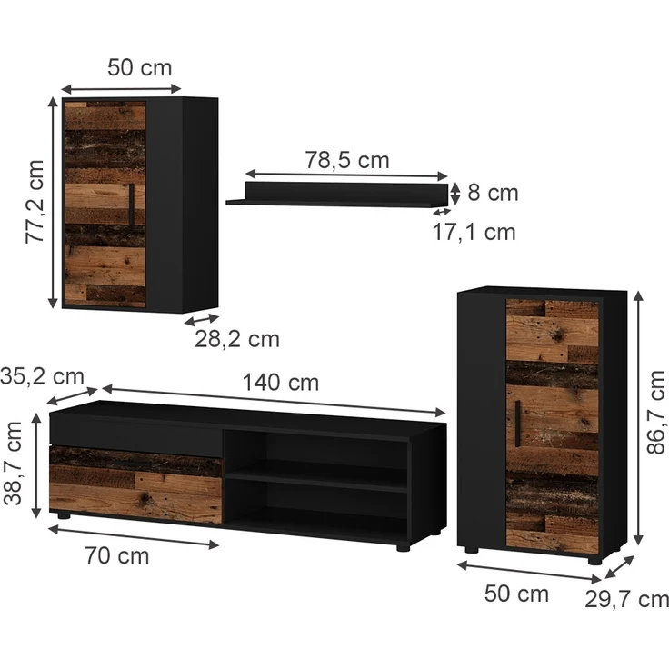Wohnwand Berno Eiche rustikal 4-teiliges Set Vicco – Bild 3