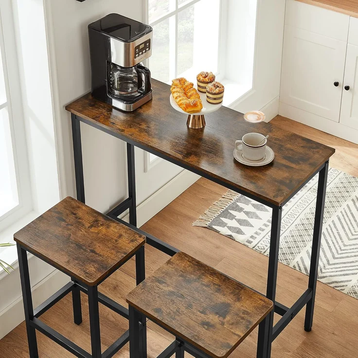 Vasagle Essgruppe, Bartisch-Set, Stehtisch (100 x 40 x 90 cm) mit 2 Barhockern (je 30 x 40 x 65 cm), Metallgestell, Industrie-Design, für Esszimmer, Wohnzimmer, vintagebraun-schwarz – Bild 1