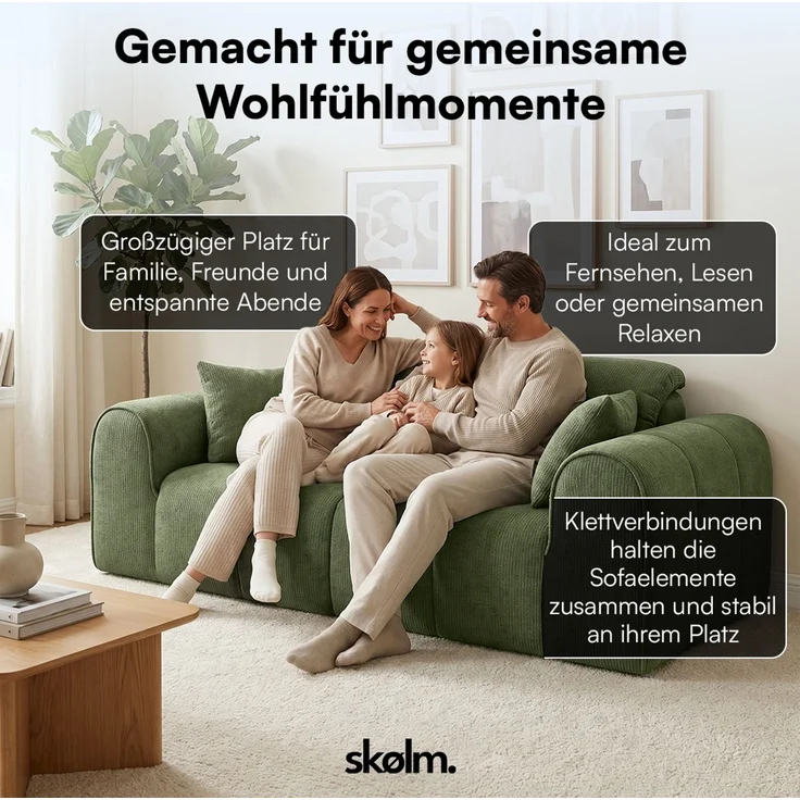 skølm 'Vanaheim' Sofa 2 Sitzer mit 2 Kissen, Cloud Sofa dunkelgrün, Chenille-Stoff, Vollschaumcouch mit Federkern und Vakuum-Kompression, kein Aufbau erforderlich – Bild 4