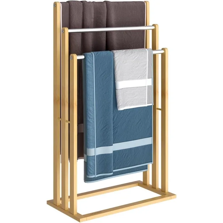 Casaria Handtuchständer, Freistehend Bambus Holz Handtuchhalter Ohne Bohren 3 Stangen Edelstahl