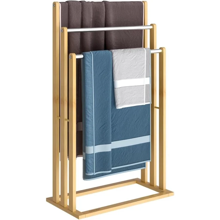 Casaria Handtuchständer, Freistehend Bambus Holz Handtuchhalter Ohne Bohren 3 Stangen Edelstahl