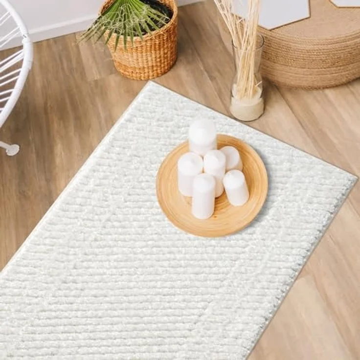 Teppich Läufer fürs Flur - 80x300cm - Hochflor - Boho - Pastell Creme - Einfarbig - Modern Raute Muster- Skandinavisch Flauschig Weich - Schlafzimmer – Bild 3